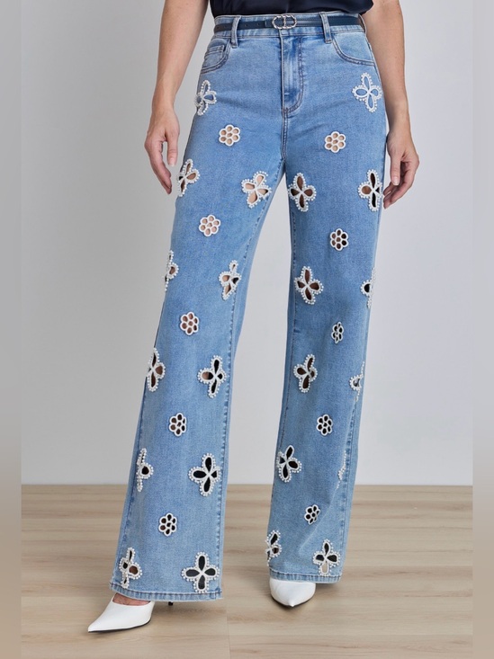The Noli Shop Denim - NEW The Noli Shop KAIA Pearl High Rise Jean Medium Blue Floral Cute Size 33 $198